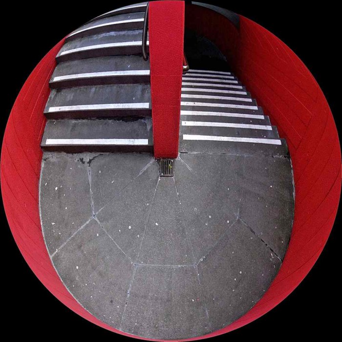 Red Staircase through a fisheye